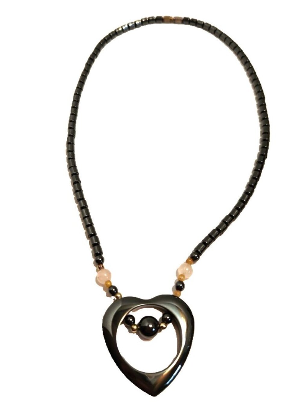 Vintage Hematite Heart Pendant Necklace – Beaded Chain – Dark Metallic Stone Jew
